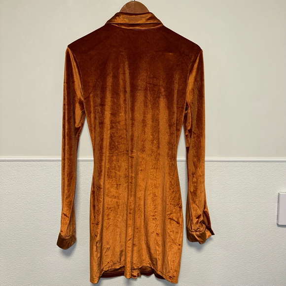 Women’s Long Sleeve Bodycon Dress Turn-Down Collar Velvet Ruched Rust Orange M - Picture 3 of 12